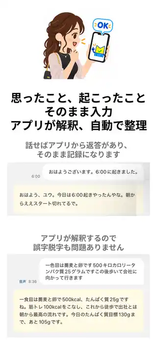思ったこと、起こったことをそのまま入力。アプリが解釈して自動で整理します。話すと返答があり、そのまま記録になります。起床時刻や食事の記録と、誤字を解釈した返答の例。
