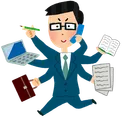 ノートパソコン・書類・電話・鞄を同時に抱えたスーツ姿の人のイラスト