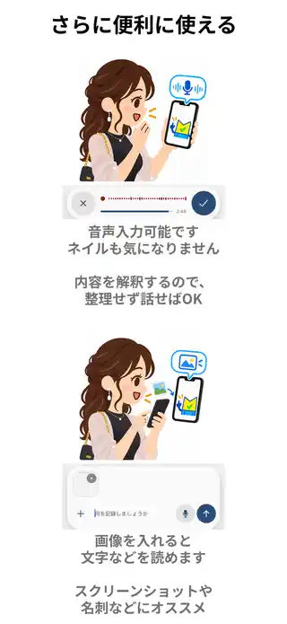さらに便利に使える音声入力と画像入力。内容を解釈するので整理せず話せます。画像を入れると文字などを読み取れ、スクリーンショットや名刺などにおすすめです。